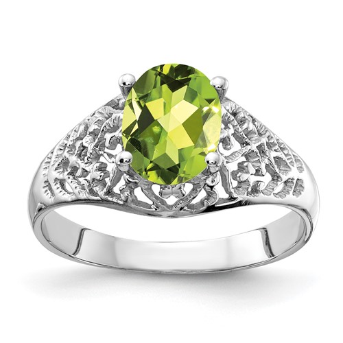 14K White Gold 8x 6mm Oval Peridot Filigree Ring
