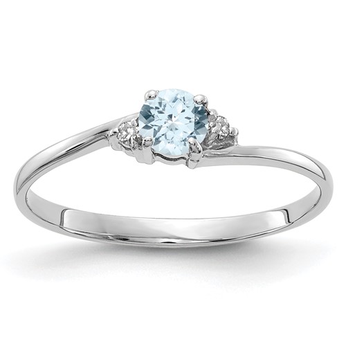 14K White Gold 4mm Round Aquamarine and AA Diamond Ring