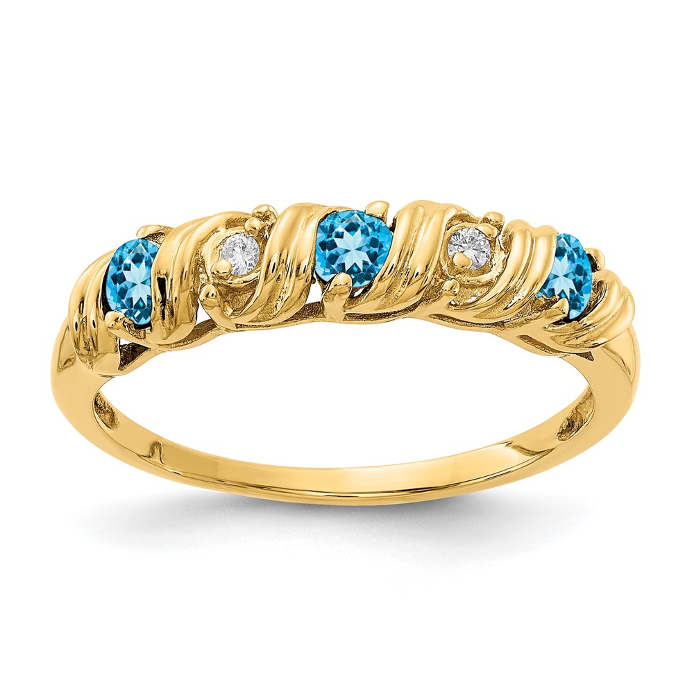 14K 2.75mm Yellow Gold Round Blue Topaz and AA Diamond Twist Ring