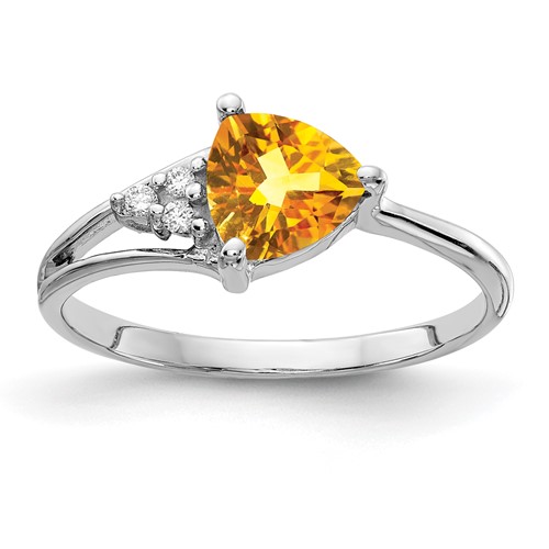 14K White Gold 6mm Trillion Citrine and VS Diamond Ring