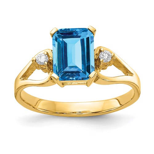 14K Yellow Gold 8x 6mm Emerald-cut Blue Topaz and 1/20 Carat a Diamond Ring