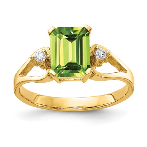 14K Yellow Gold 8x 6mm Emerald-cut Peridot and 0.05 Carat Aaa Diamond Ring