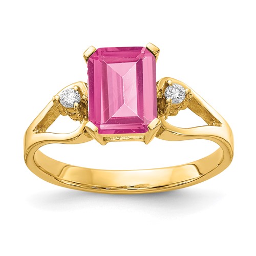 14K Yellow Gold 8x 6mm Emerald Cut Pink Tourmaline AA Diamond Ring