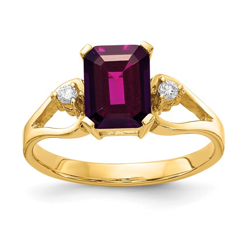 14K Yellow Gold 8x 6mm Emerald-cut Rhodolite Garnet and 1/20 Carat AA Diamond Ring