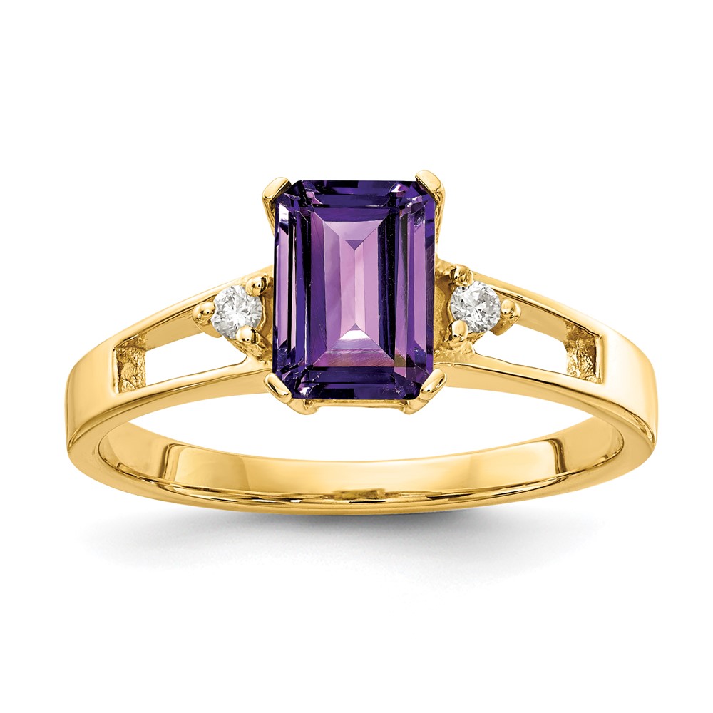 14K Yellow Gold 7x 5mm Emerald-cut Amethyst and 0.05 Carat AA Diamond Ring