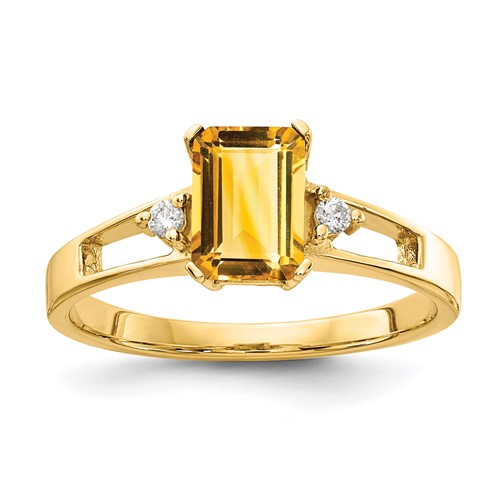 14K Yellow Gold 7x 5mm Emerald-cut Citrine and 1/20 Carat AA Diamond Ring