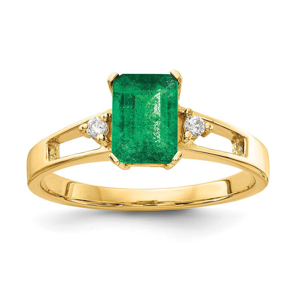 14K Yellow Gold 7x 5mm Emerald-cut Emerald and 0.05 Carat a Diamond Ring