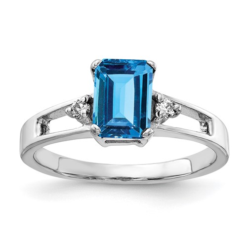 14K White Gold 7x 5mm Emerald-cut Blue Topaz and 1/20 Carat Aaa Diamond Ring