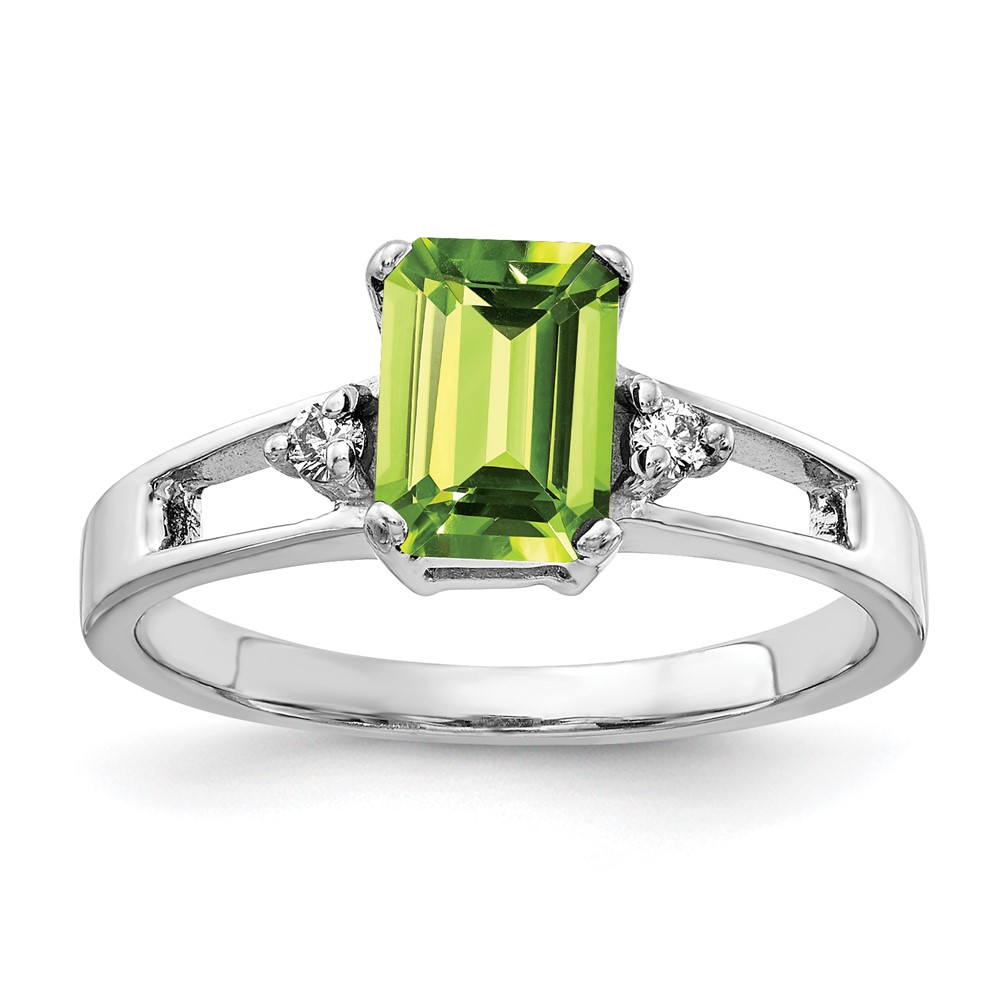 14K White Gold 7x 5mm Emerald Cut Peridot and 0.05 Carat AA Diamond Ring