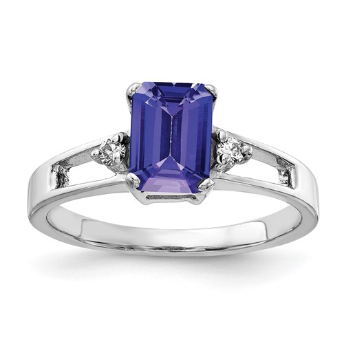 14K White Gold 7x 5mm Emerald-cut Tanzanite and 0.05 Carat AA Diamond Ring