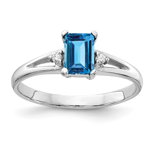 14K White Gold 6x 4mm Emerald-cut Blue Topaz and a Diamond Ring