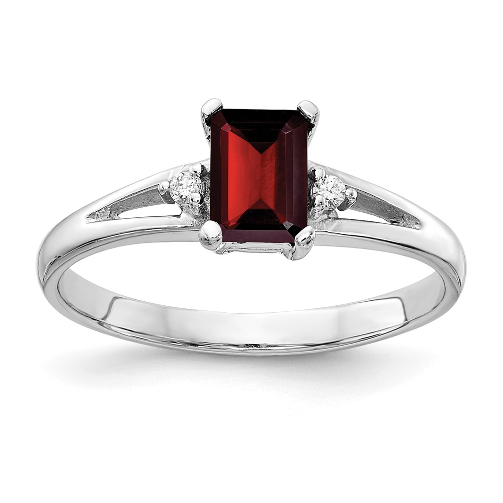14K White Gold 6x 4mm Emerald-cut Garnet and a Diamond Ring