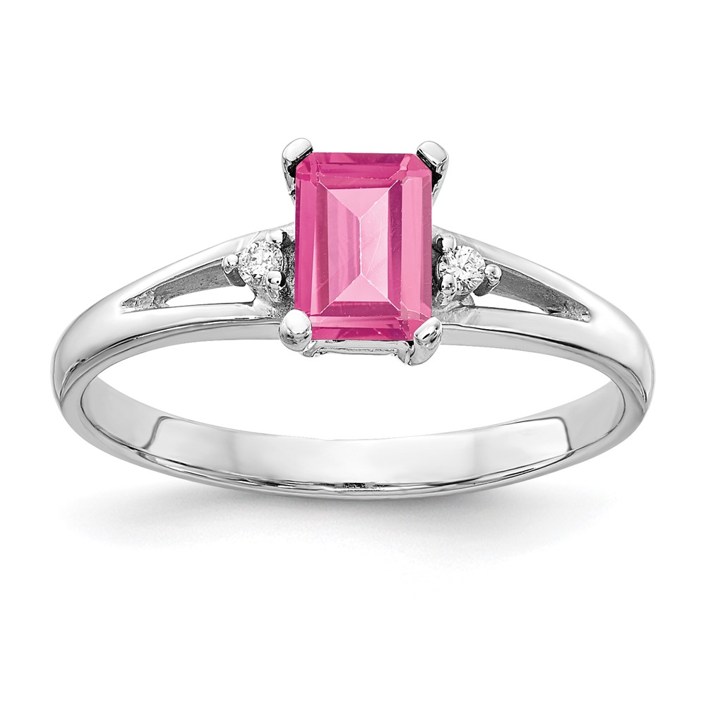 14K White Gold 6x 4mm Emerald-Cut Pink Tourmaline and VS Diamond Ring