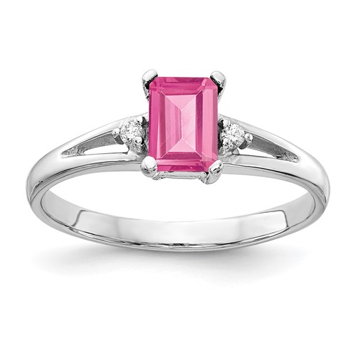 14K White Gold 6x 4mm Emerald-Cut Pink Tourmaline and a Diamond Ring