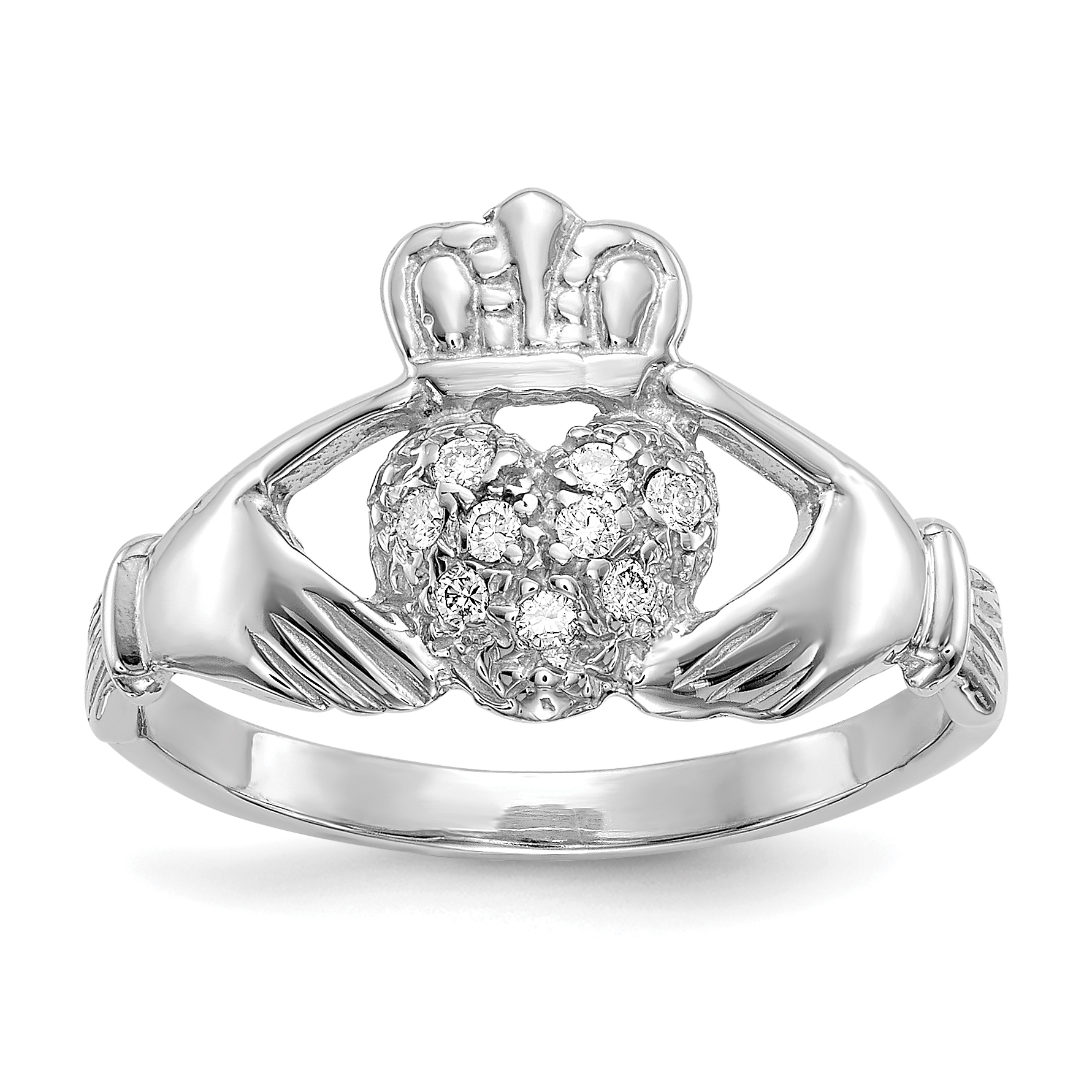 14k White Gold 1/10ct AA Diamond Claddagh Ring (Y6308AA)