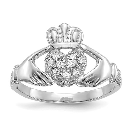 14K White Gold 0.10 Carat AA Diamond Claddagh Ring