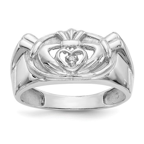 14k White Gold Men's Claddagh Band Diamond Rings                             