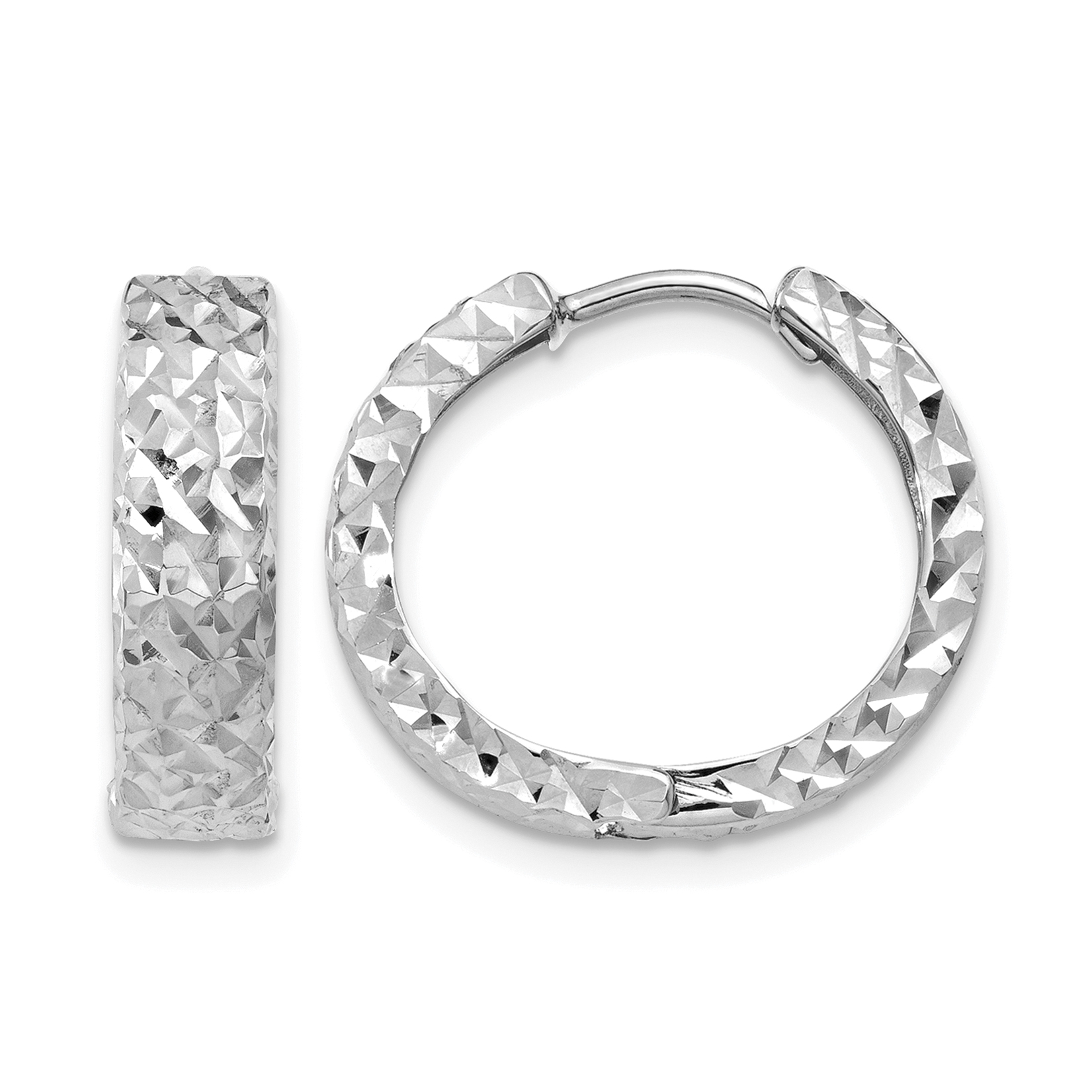 14k White Gold Diamond-cut Hinged Hoop Earrings (Y7927)