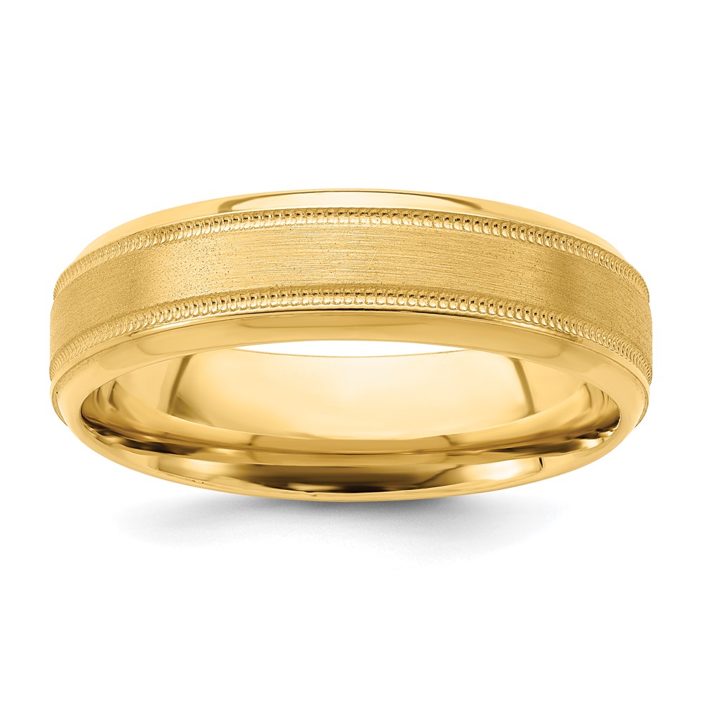 14K Yellow Gold 6mm Heavyweight Comfort Fit Brushed Satin Polished Milgrain Grooved Edge Wedding Band