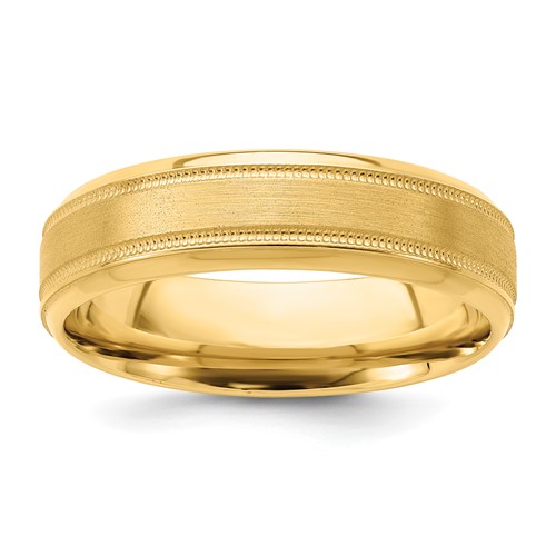 14K Yellow Gold 6mm Standard Weight Comfort Fit Brushed Satin Polished Milgrain Grooved Edge Wedding Band, Size 9.5