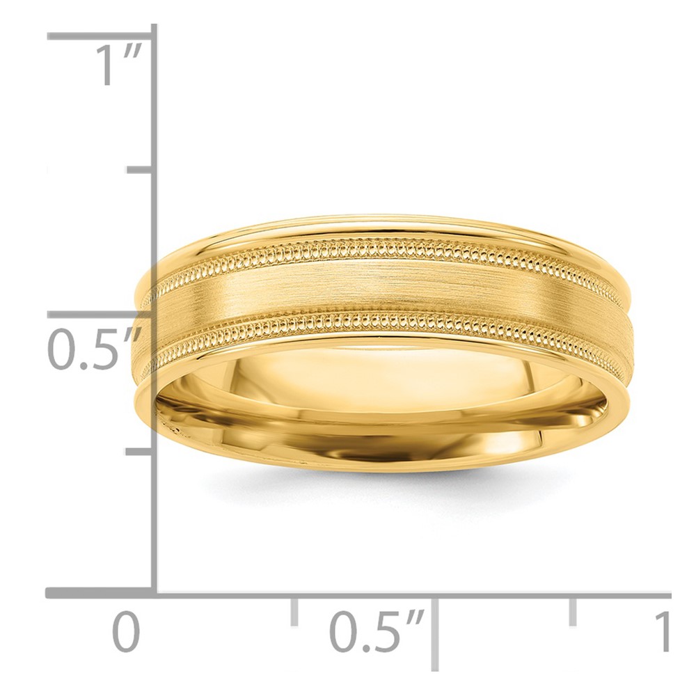 14k Yellow Gold 6mm Lightweight Comfort Fit Brushed Satin/Polished Milgrain Grooved Edge Wedding Band Size 13.5 (YB102L-13.5)