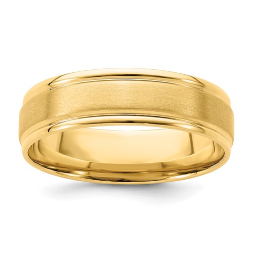 14k Yellow Gold 6mm Standard Weight Comfort Fit Brushed Satin/Polished Grooved Edge Wedding Band Size 10.5
