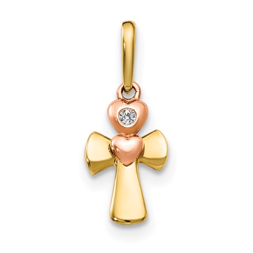 14K Yellow and Rose Gold CZ Cross Heart Pendant
