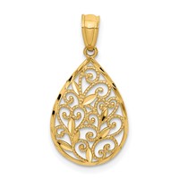 14K Yellow Gold Polished and Textured Small Filigree Teardrop Pendant view 1