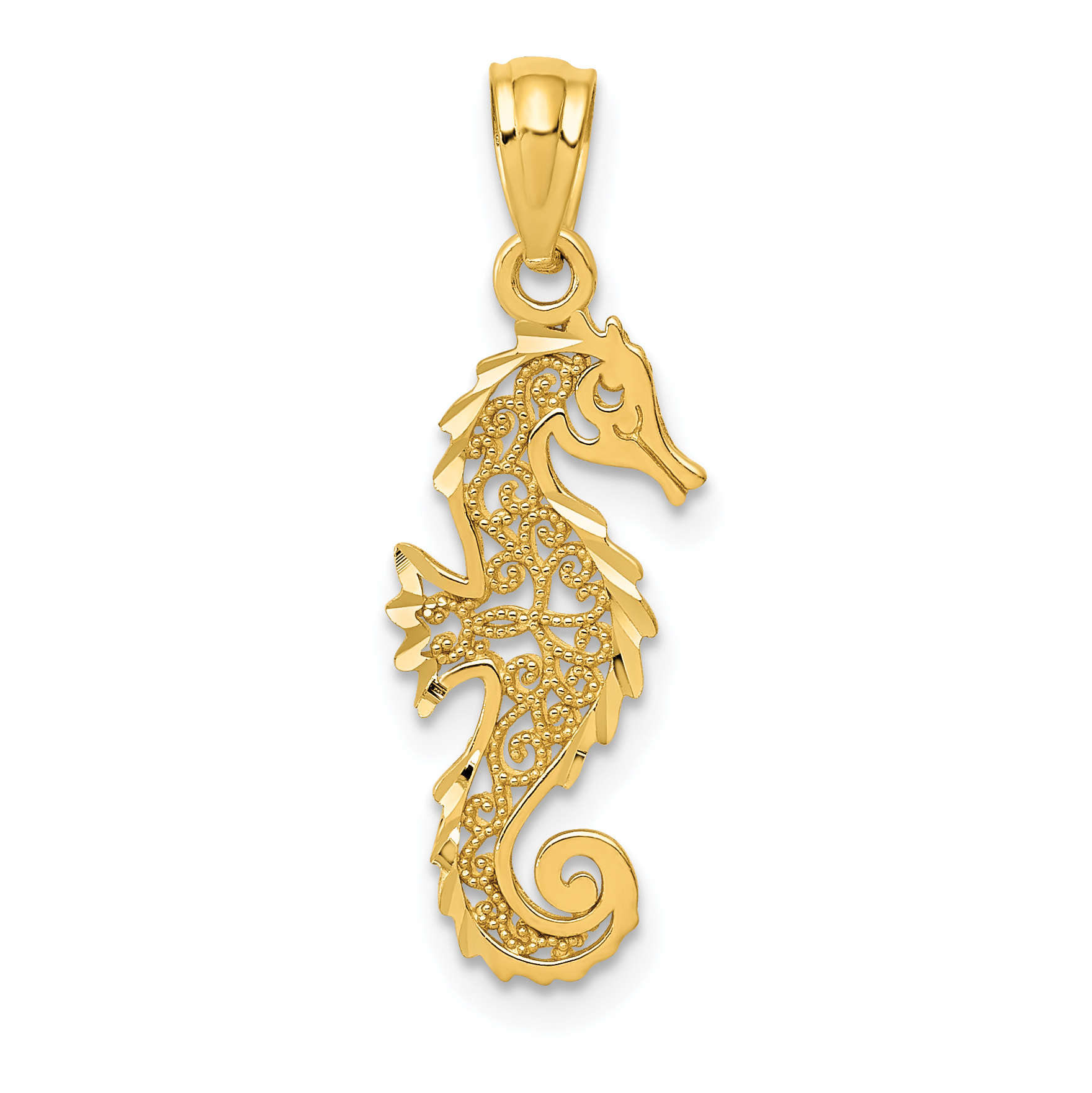 14k Gold Polished Filigree Seahorse Pendant (YC1247)