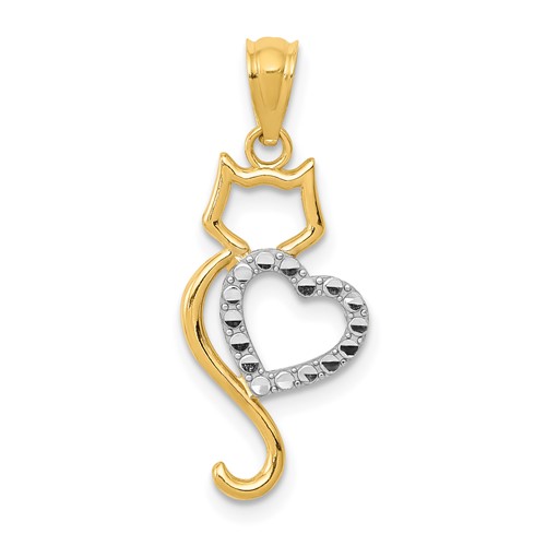 14K and White Rhodium Polished Cat Pendant with Heart