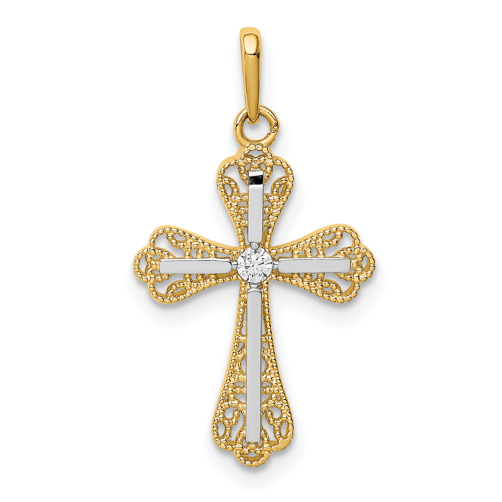 14K w/White Rhodium CZ Cross Pendant (YC1375)