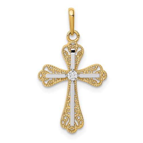 14K and White Rhodium CZ Cross Pendant