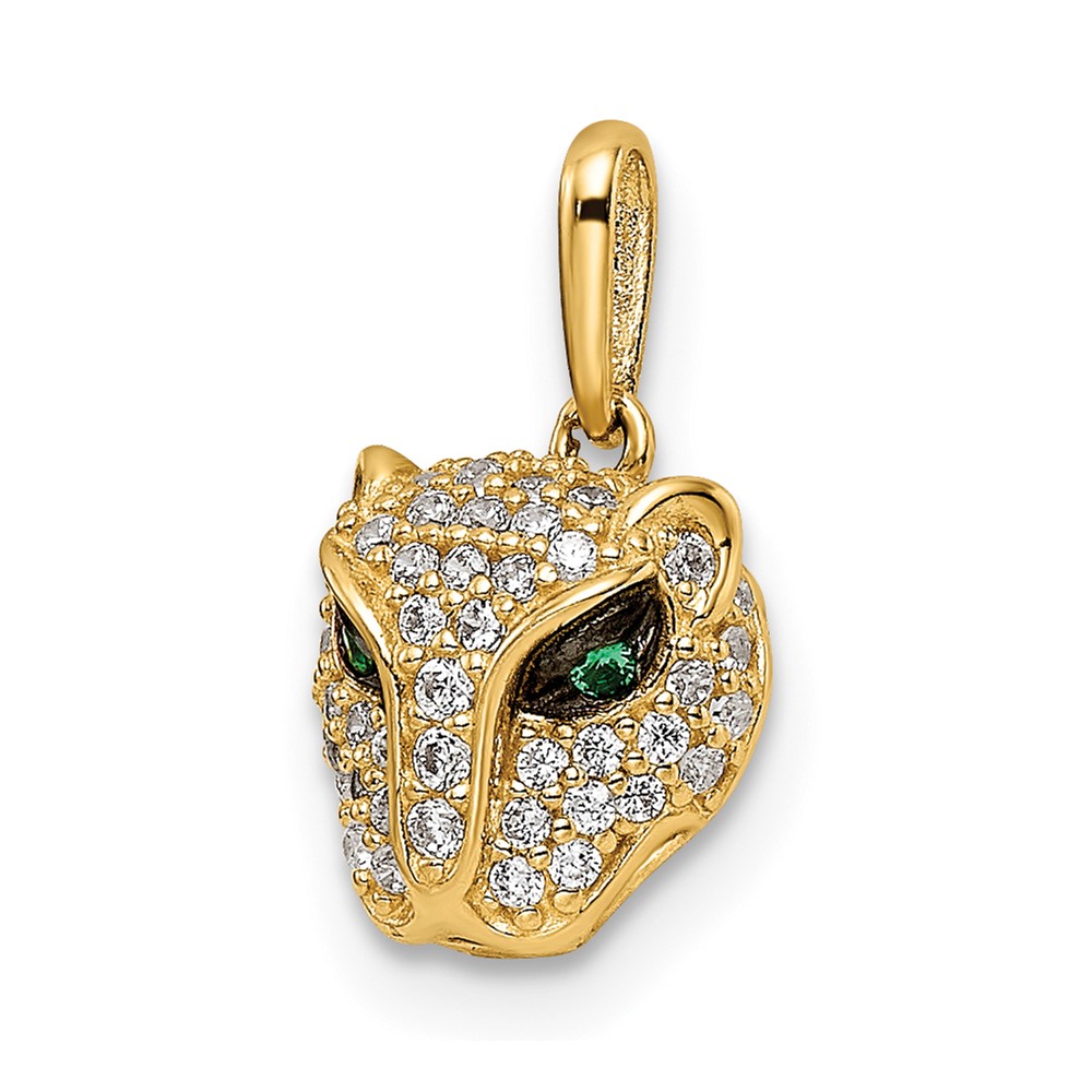 14K Polished Green & White CZ Lioness Head Pendant (YC1474)