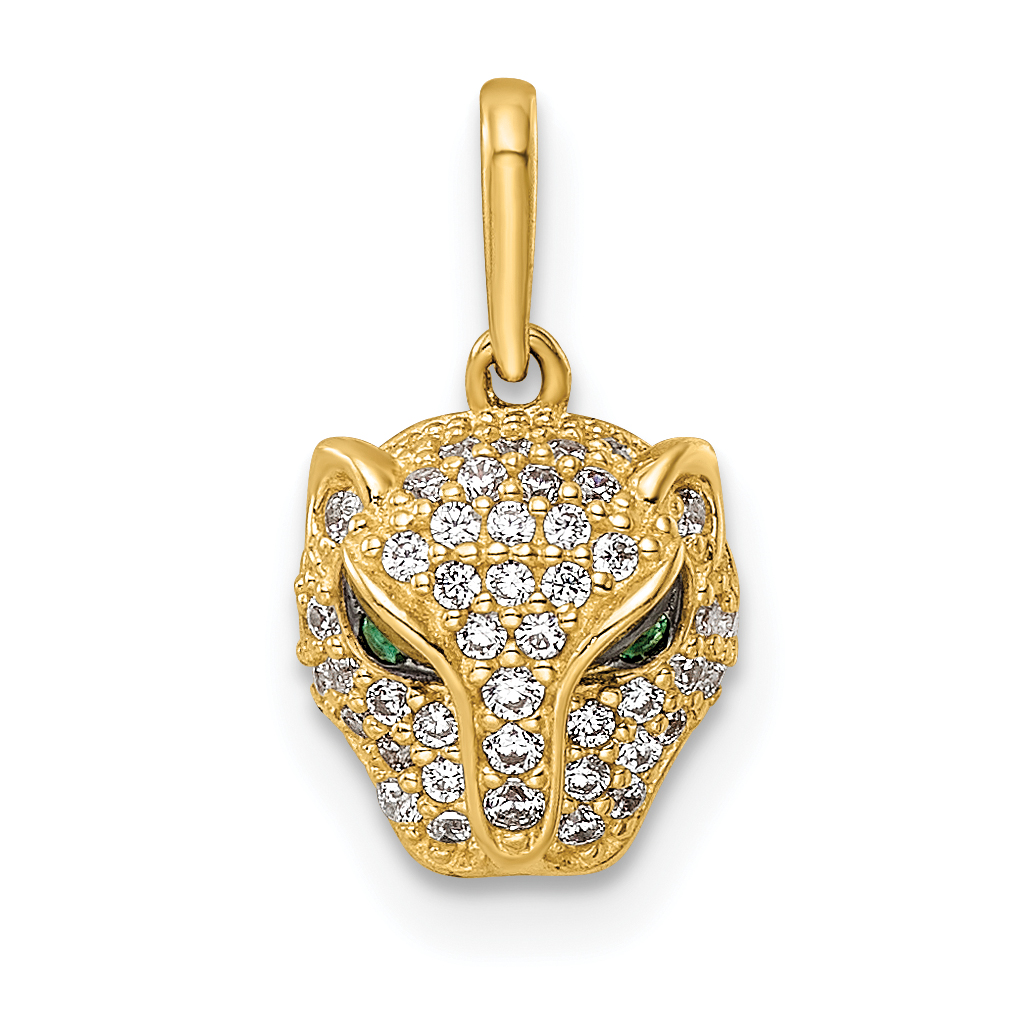 14K Polished Green & White CZ Lioness Head Pendant (YC1474)