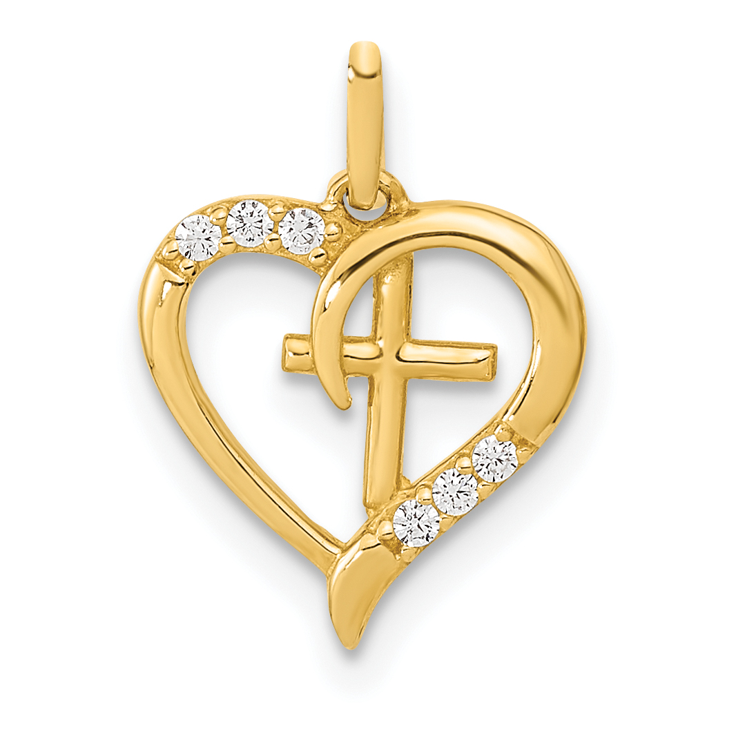 14K Polished Open Heart with Cross CZ Pendant (YC1521)