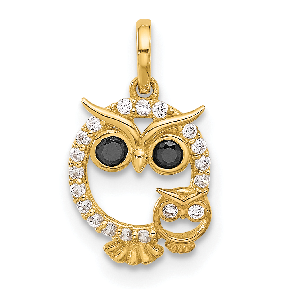 14K Polished Black and White CZ Mommy and Baby Owl Pendant (YC1585)
