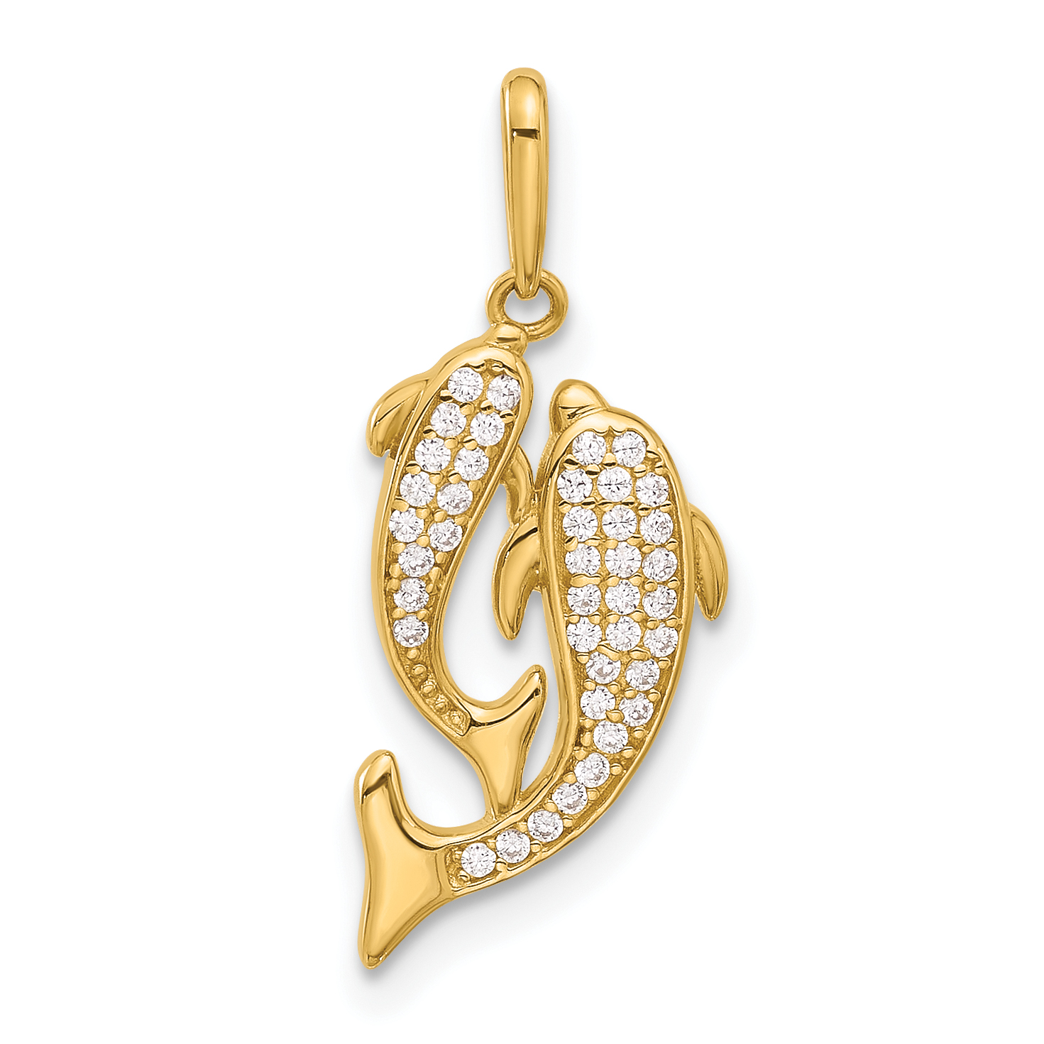 14k Polished CZ Two Dolphins Pendant (YC1592)