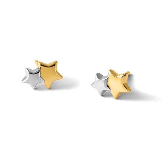 14K with Rhodium Polished Double Star Post Earrings
