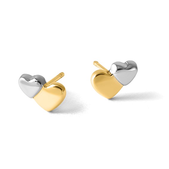14K with Rhodium Polished Double Heart Post Earrings