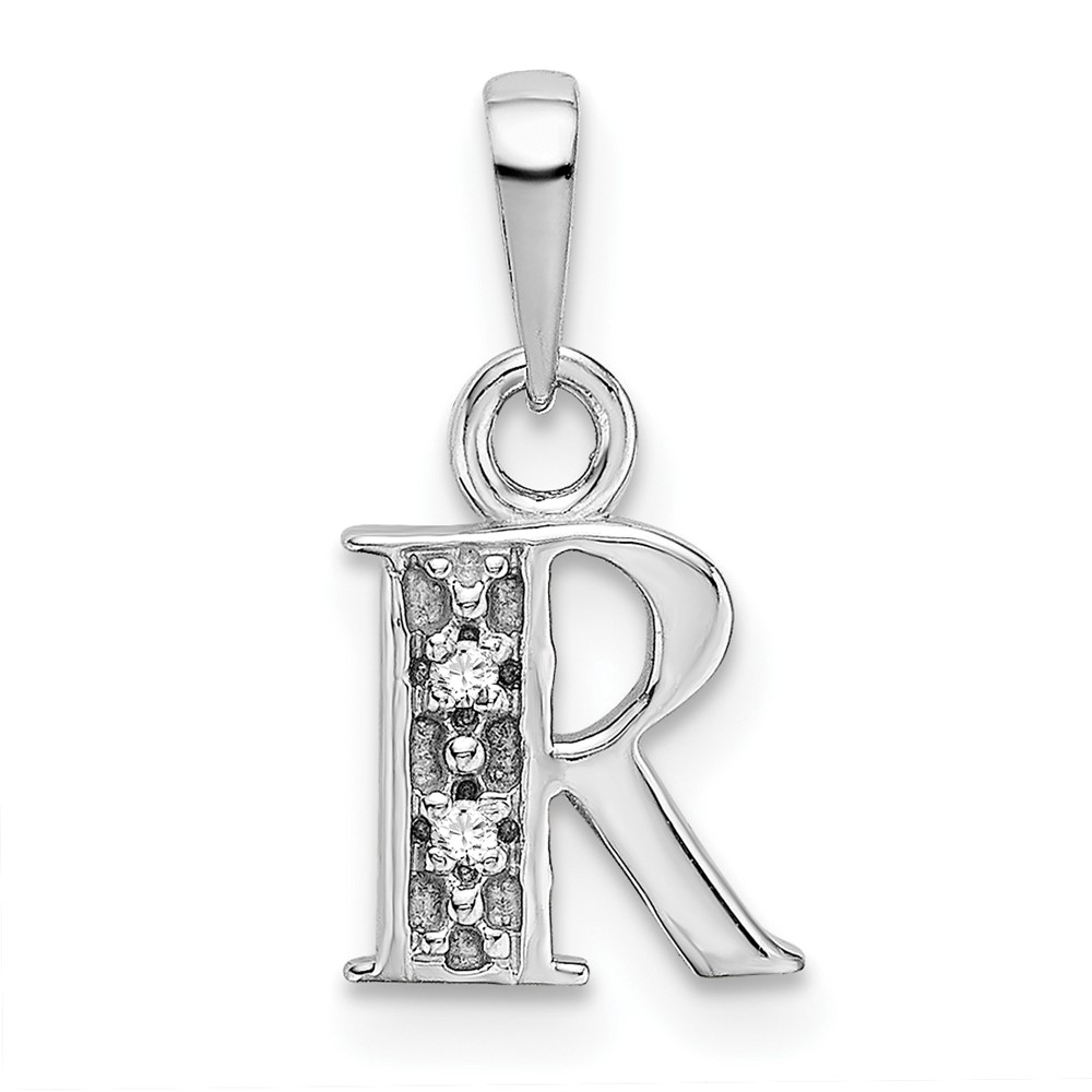 14KW Rhodium-plated Diamond Letter R Initial Pendant