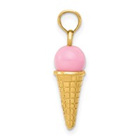 14K Yellow Gold Satin Polished 3-D Pink Quartz Bead Ice Cream Cone Charm view 2