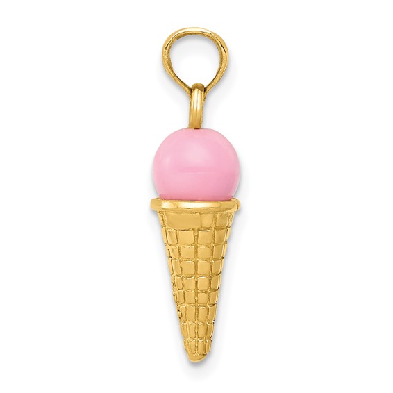 14K Satin Polished 3-D Pink Quartz Bead Ice Cream Cone Charm