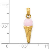 14K Yellow Gold Satin Polished 3-D Pink Quartz Bead Ice Cream Cone Charm view 3