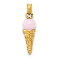 14K Yellow Gold Satin Polished 3-D Pink Quartz Bead Ice Cream Cone Charm view 1