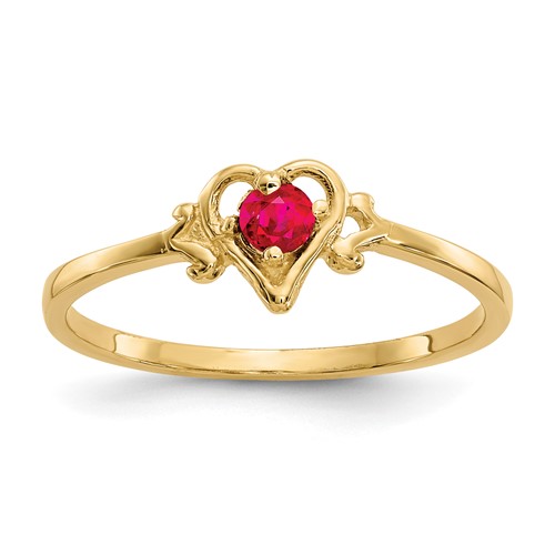 14K 3mm Yellow Gold Round Ruby Birthstone Heart Ring