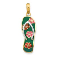 14K and White Rhodium 3-D Enameled Flowers on Green Flip Flop Pendant view 1
