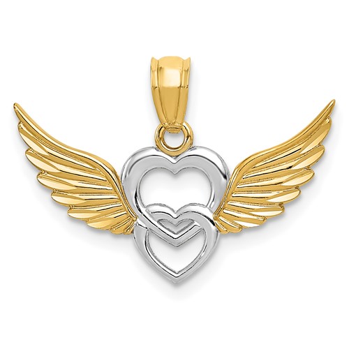 14K and White Rhodium Polished Hearts Pendant with Wings