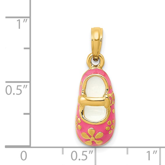 14k Pink Enameled 3-D Baby Shoe with Flowers Pendant