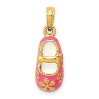 14K Yellow Gold Pink Enameled 3-D Baby Shoe Pendant with Flowers view 1