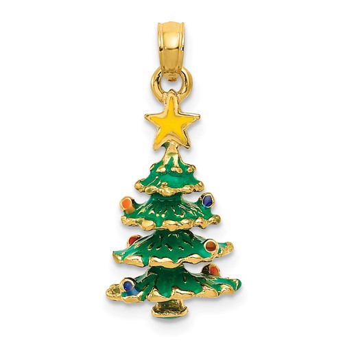 14K Yellow Gold 3-D Enameled Christmas Tree Pendant